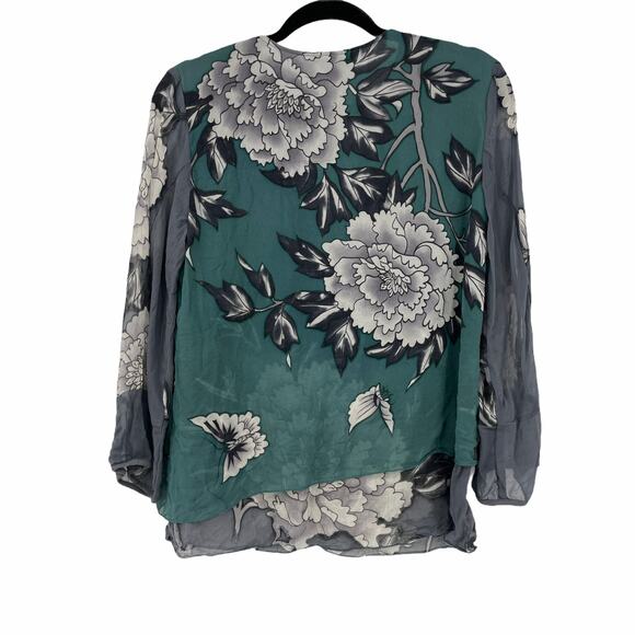 Citron Santa Monica Blouse Womens Medium Green Gray Silk Floral V-Neck Button Up - Picture 2 of 9